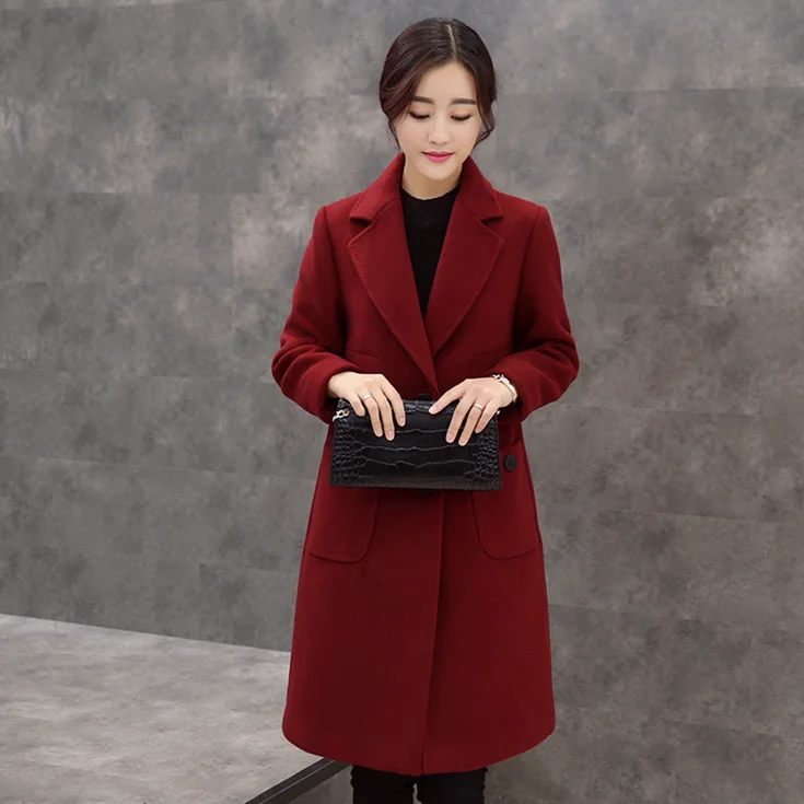 Женское зимнее корейское тонкое шерстяное пальто толстое длинное для