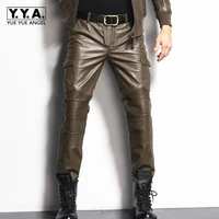 2021 new mens straight pants genuine leather slim couple long pants pockets male fashion motorcycle pants brand plus size 29 36