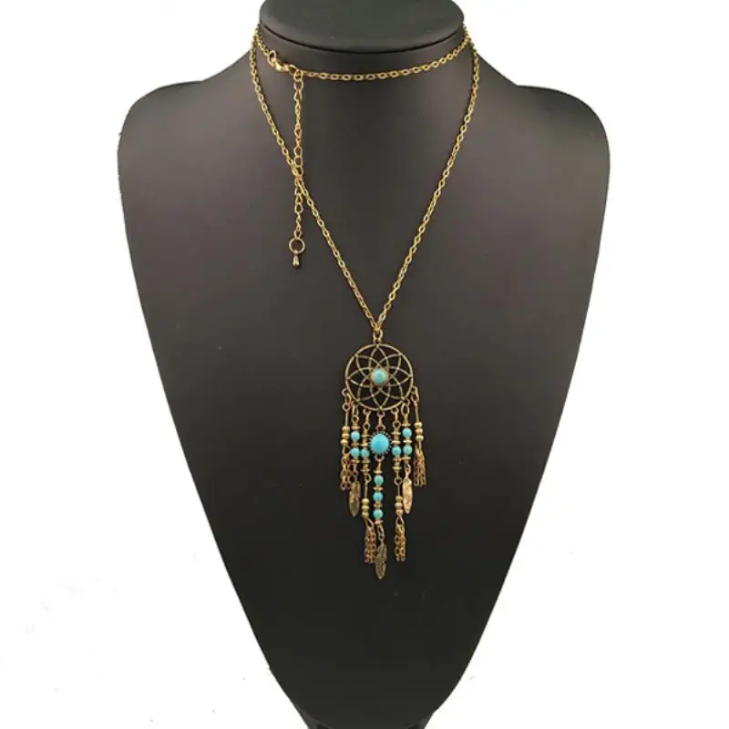Gold Bohemain, серебро, золото, Ловец снов, длинная цепочка, чокер, массивные листья, перья, Круглые Искусственные бусины, кисточка, свитер, цепочка, ювелирное изделие - Окраска металла: Gold