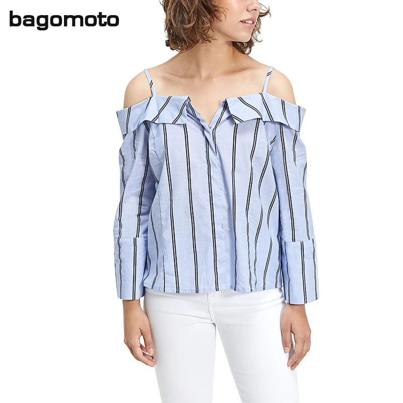 Bagomoto 2018 Модная рубашка элегантные женские в полоску одно слово воротник блузки
