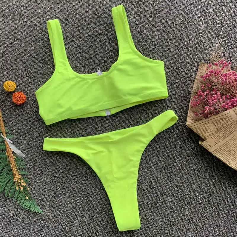 

Sexy None Green High Cut Bikini Female Swimsuit 2020 Women Swimwear Two-pieces Bikini set Zipper Bather Bathing Suit Swim 5109