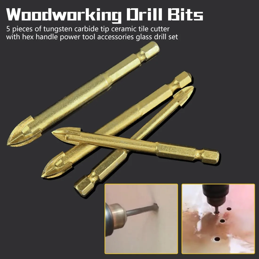 

3mm-10mm 5pcs Glass Drill Bit Set Tungsten Carbide Tipped Ceramic Tile Cutter with 1/4" Hex Shank Power Tools Accessories
