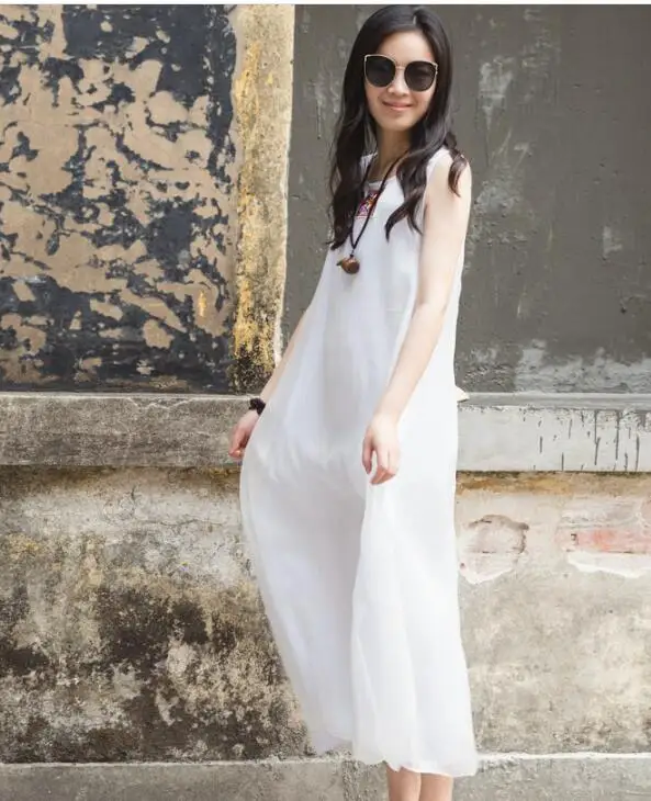 Elegant Temperament Women Long Dress 2022 New Summer Silk Exquisite Embroidered Simple Round Collar chiffon Loose Vest Dresses | Женская