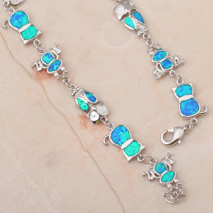 Cat Cute Wholesale &amp retail Blue fire Opal Stamped Silver Fashion Jewelry Bracelets nice gifts OB026 | Украшения и аксессуары