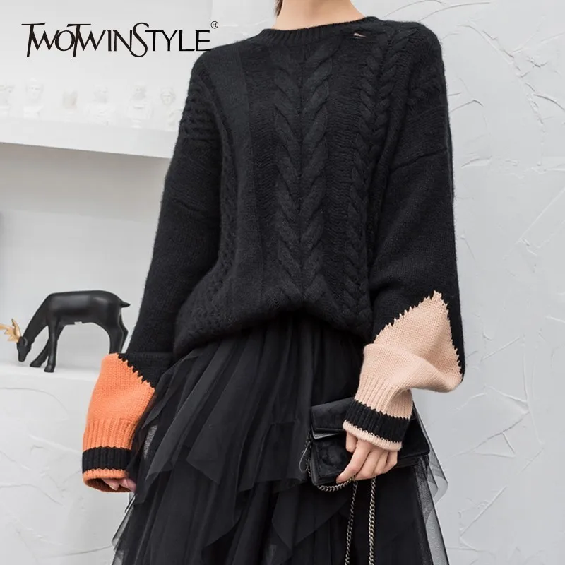TWOTWINSTYLE Patchwork Knitting Sweater For Women Long Sleeve Hollow Out Hit Colors Pullover Female 2019 Autumn Casual Fashion | Женская