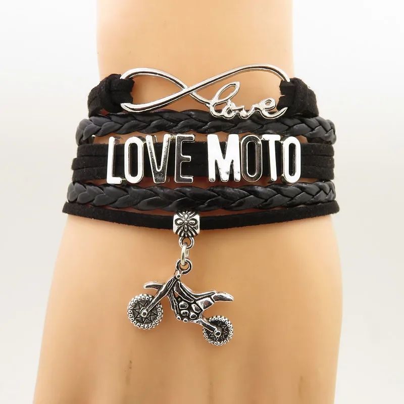 Кожаный браслет Infinity Love для мужчин и женщин Шарм мотокросса черного цвета|bracelets