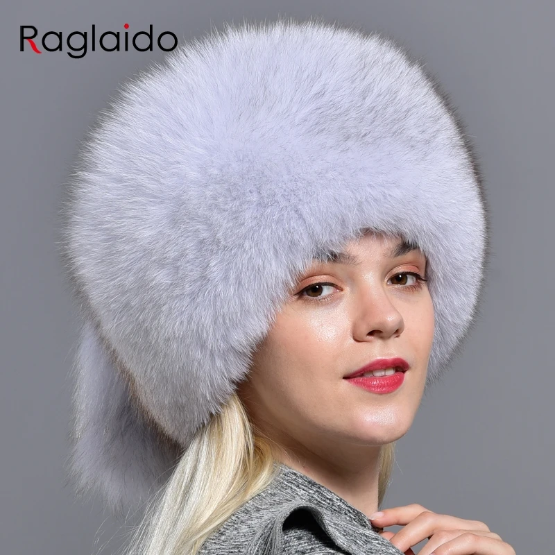 Raglaido Зимняя шапка из натурального меха лисы меха с 2 хвостами из натурального пушистого меха элегантные женские модные