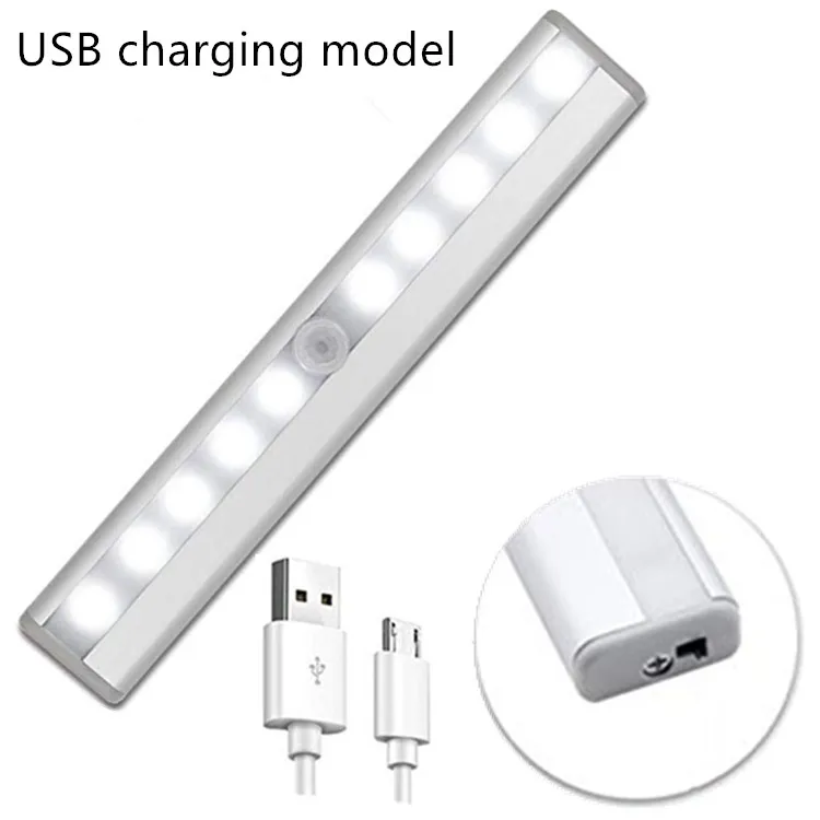 USB charging model USB Перезаряжаемый под шкаф светильник ing 10Led PIR датчик движения Ночной светильник WW/W портативная наклейка беспроводной внутренний шкаф светильник - Цвет: USB charging model