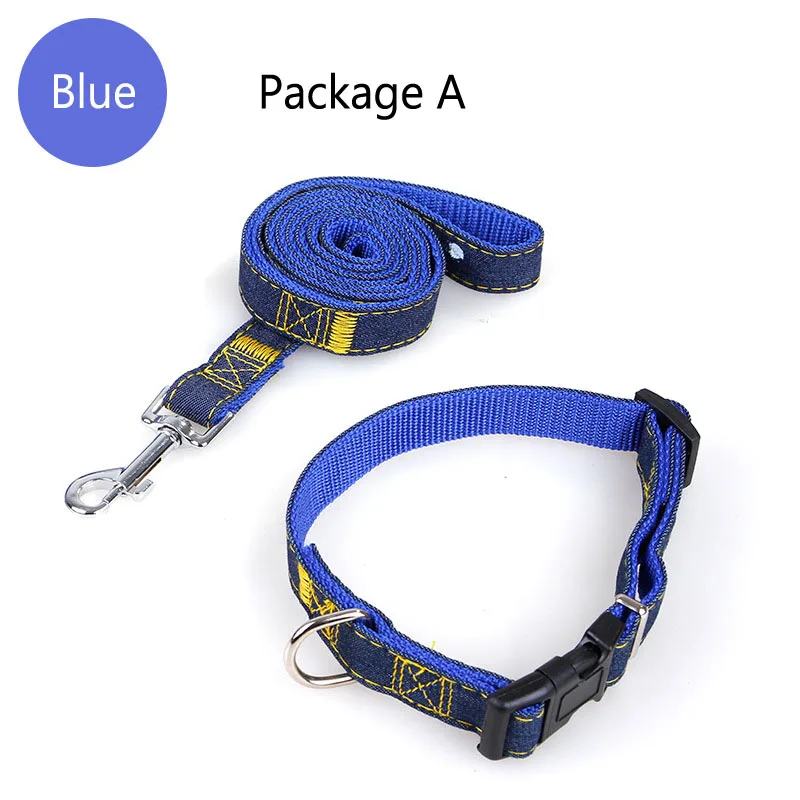 Package A Blue Ремни для домашних животных джинсовый ошейник нагрудный ремень набор веревок для занятий спортом на открытом воздухе, безопасность поводок для маленьких и крупных собак кошка s m l xl тканевые цепи для собак - Цвет: Package A Blue