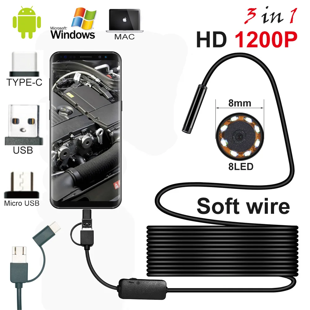 Камера Бороскоп объектив 8 мм эндоскоп 3 в 1 Android кабель 2-10 м водонепроницаемость
