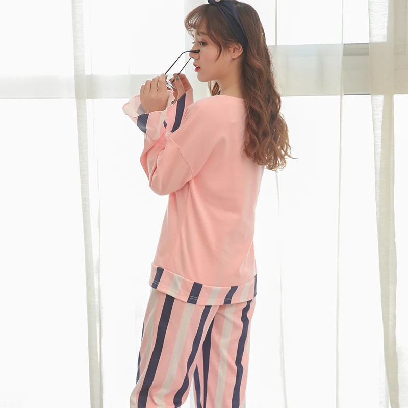 2 шт. полосатые пижамы набор Симпатичные женские хлопковые ночные рубашки осень