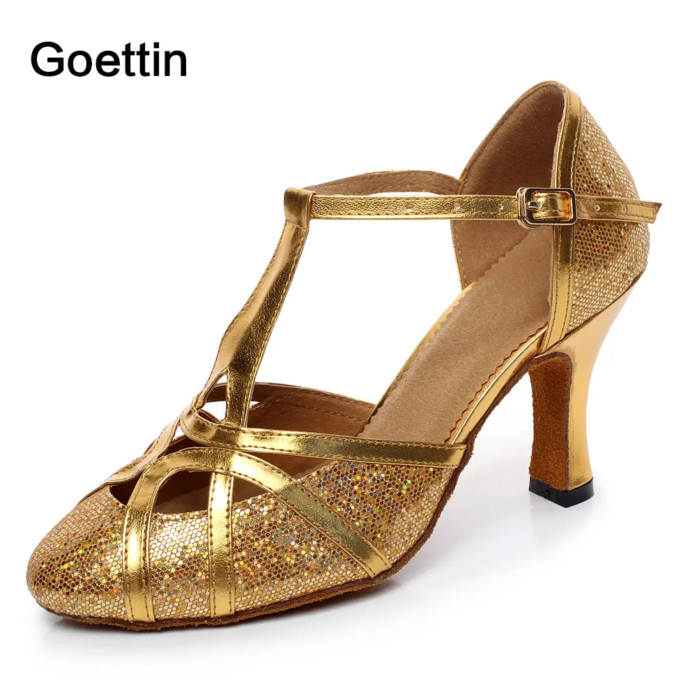 Goettin Salsa Бальные стандартные бальные туфли для латинских танцев для женщин Скидки и акции полоса линия Высокий каблук Сандалии из ПУ