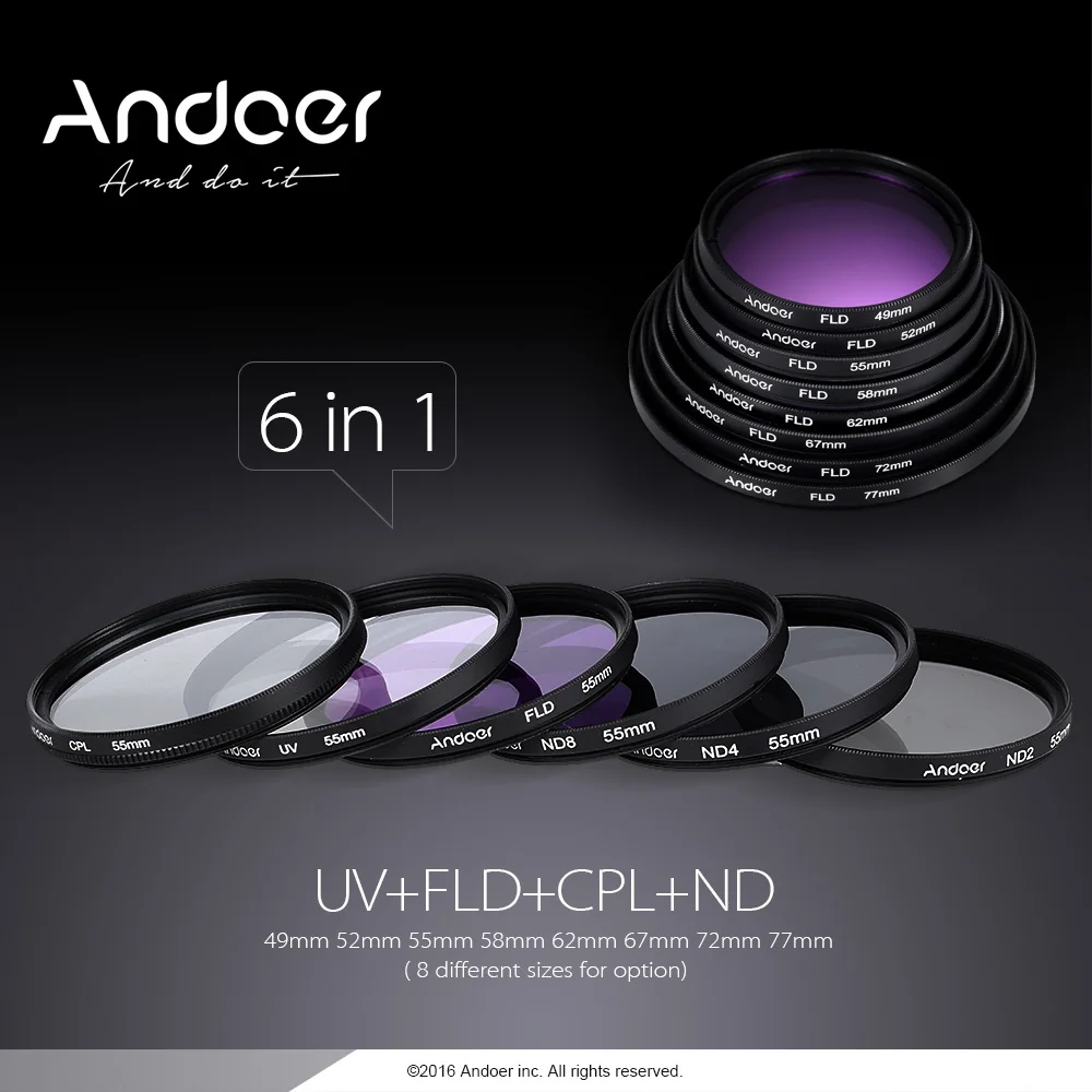 Комплект фильтров для объектива Andoer 52 мм UV + CPL FLD ND (ND2 ND4 ND8) с сумкой