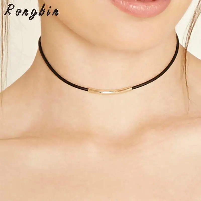 Новый шикарный простой черный кожаный сплав ожерелье-чокер изогнутая трубка