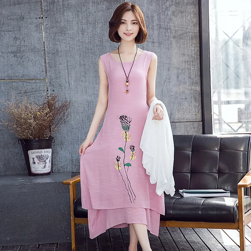 Retro 2019 Women Dress Soft Linen Cotton kimono Vintage Print Floral Two Piece Set Plus Size Long Summer Vestidos | Женская одежда