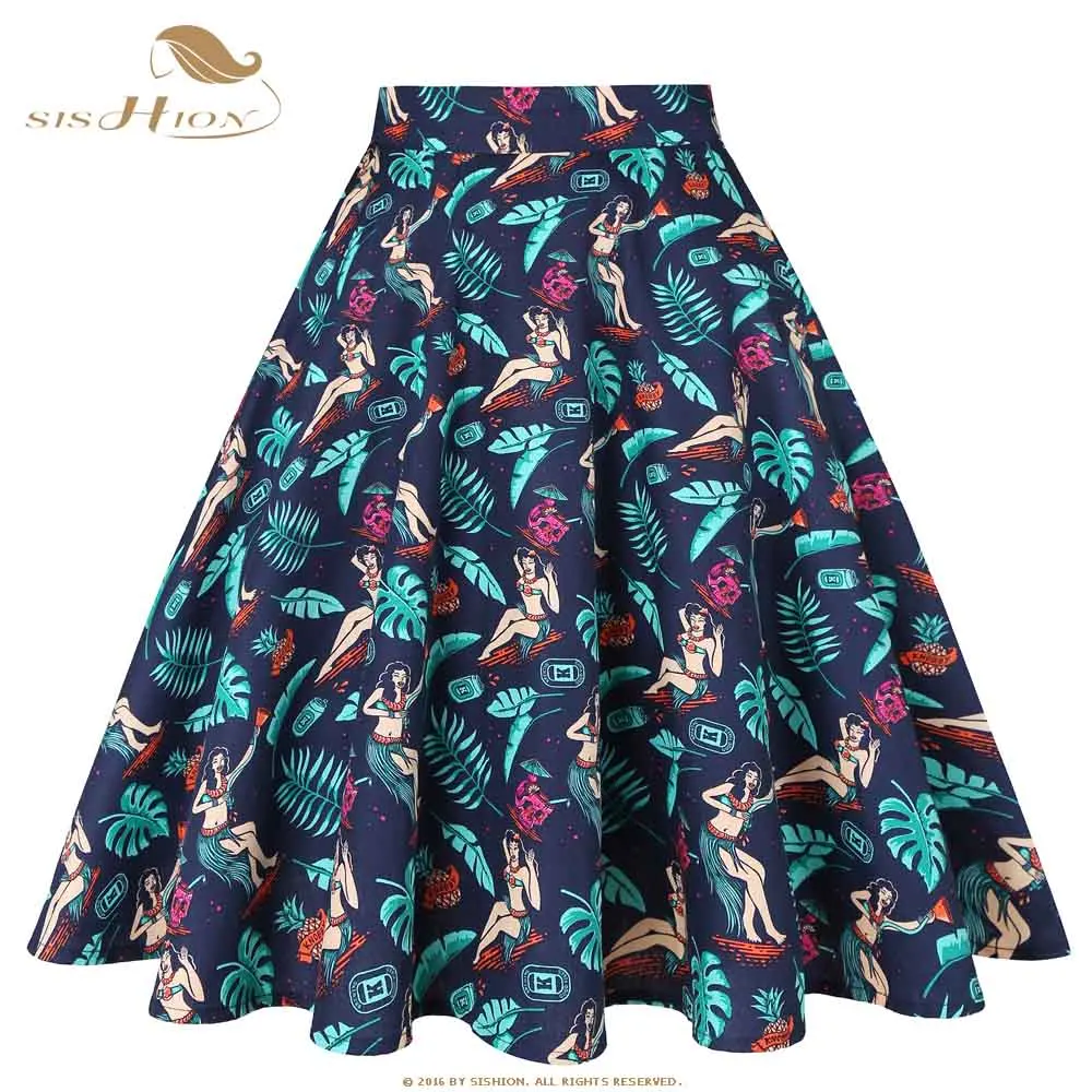SISHION винтажные женские юбки s VD0020 jupe femme Высокая талия хлопок Свинг Ретро Женская юбка черная клетчатая faldas летняя юбка - Цвет: Leaves Beauty Skirt