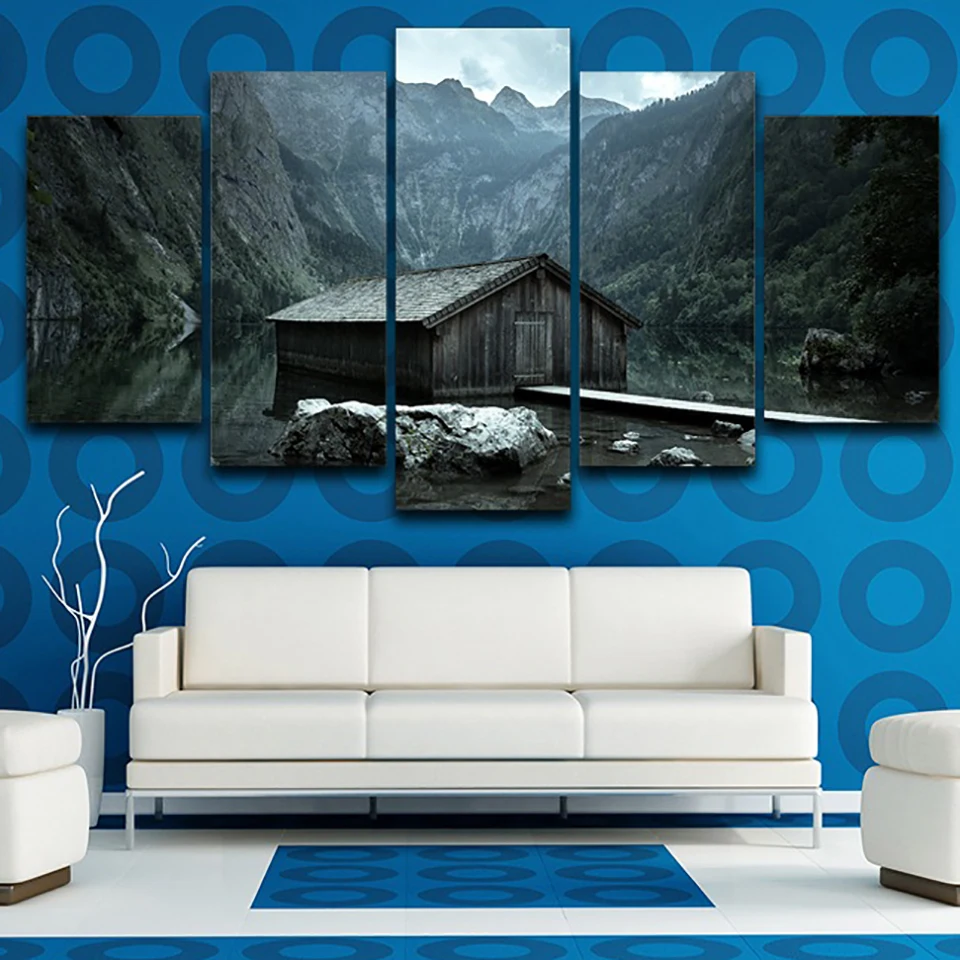 Frame Home Decor Living Room Wall Pictures 5 Panel Chalet Mountains Landscape Art Painting Modular HD Printed Canvas Poster | Дом и сад