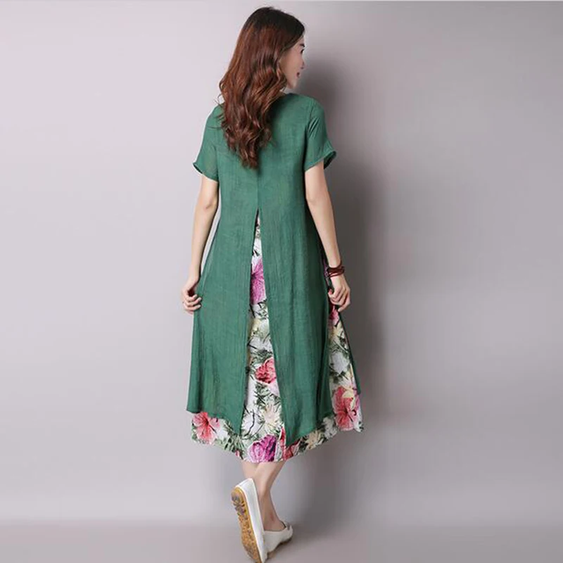 2017 женское винтажное платье с круглым вырезом и коротким рукавом Двухслойное