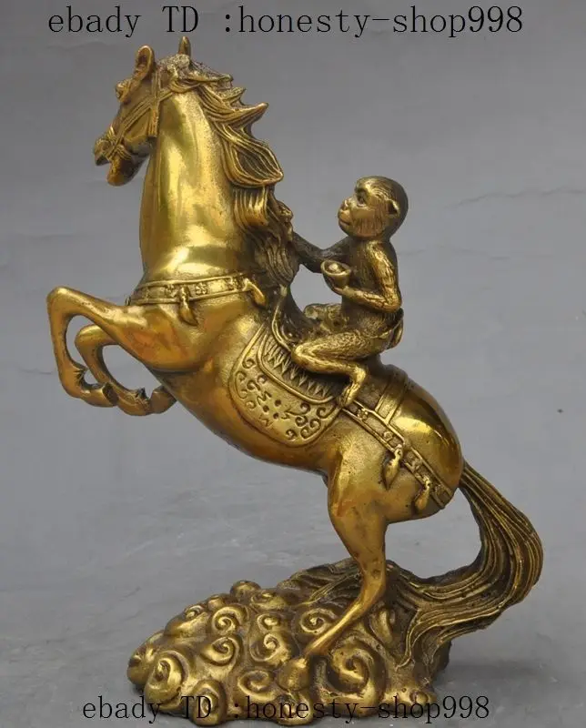 

8"China fengshui Brass Wealth YuanBao Monkey Sun WuKong Ride Horse animal Statue