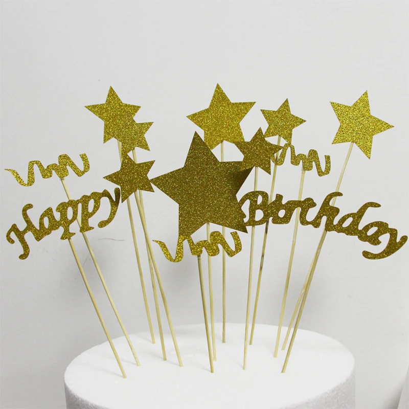 1set DIY Black Gold Happy Birthday Star Cake Ice-cream Cupcake Toppers Picks Mom Dad Boy Girl Kids Party Dessert Decor | Дом и сад