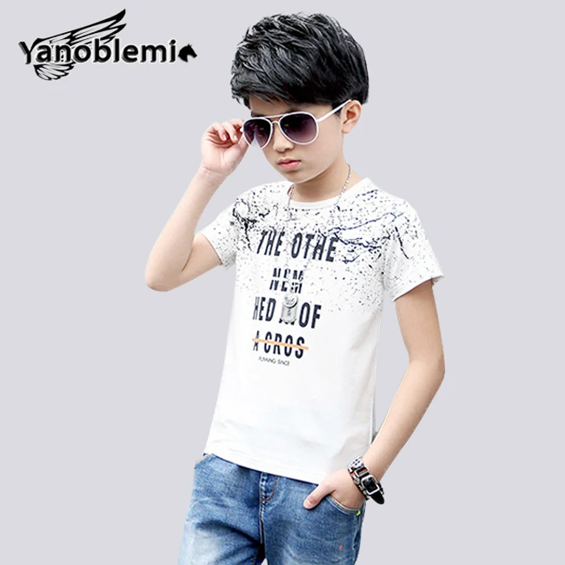С круглым вырезом и принтом Футболки для мальчиков модные летние Рубашка с