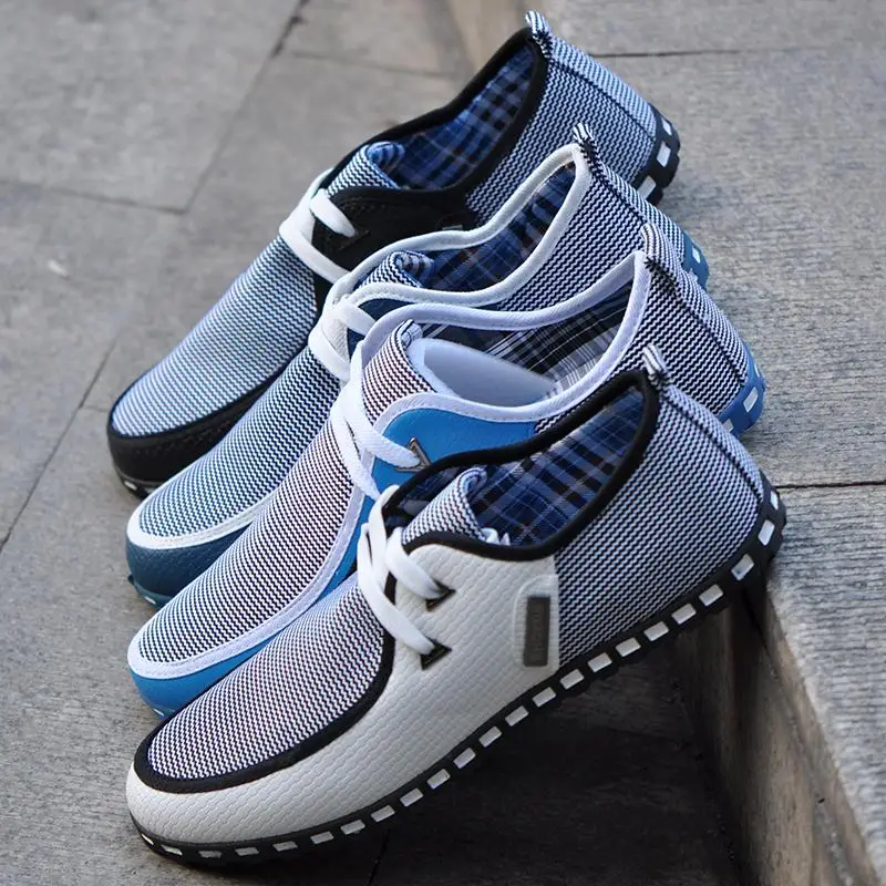 Мужские парусиновые туфли коричневые дышащие лоферы на плоской подошве шнуровке