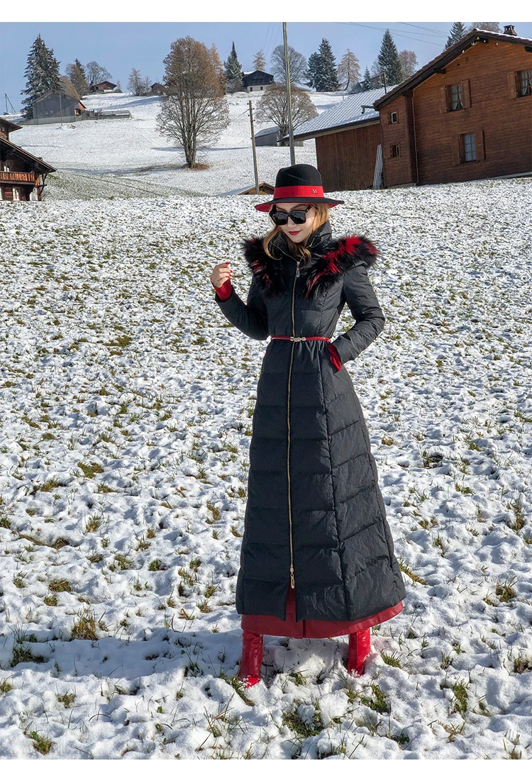 Длинный утепленный пуховик выше колена, осень и зима, белый, черный,, с капюшоном, супер Скорпион, меховой воротник, пуховик для женщин