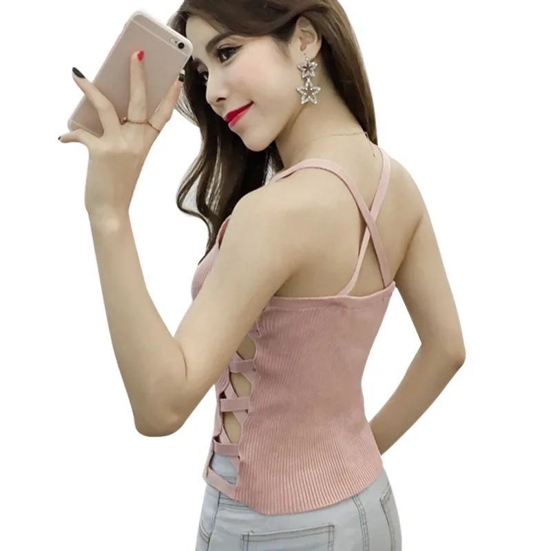 

Women Side Holes Casual Cropped Top Sexy V-Neck Pullover Knitted Top Ladies Women Sleeveless Cross Strap T-shirt Slim Tank Top