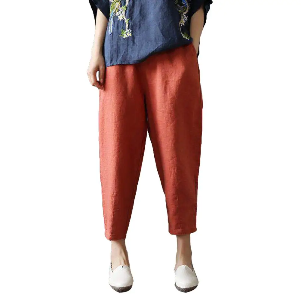 

Fashion Women Plus Size Solid Color Casual Lady Elastic Waist Ninth Pants Loose Harem Trousers