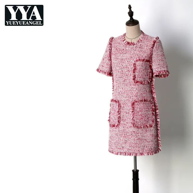 

Brand Elegant Red Tweed Dress Summer Short Sleeve Tassel Short Dress Female Streetwear Office Lady Party Vestido Pocket XS-L