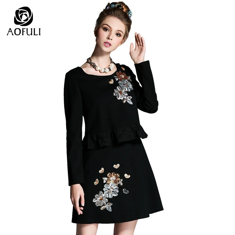 M/XL/3XL/4XL цветочное расшитое блестками дамское кружевное платье с баской Осенняя