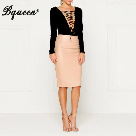 Bqueen Новинка 2017 лоскутное Бандажное платье из искусственной кожи на шнуровке