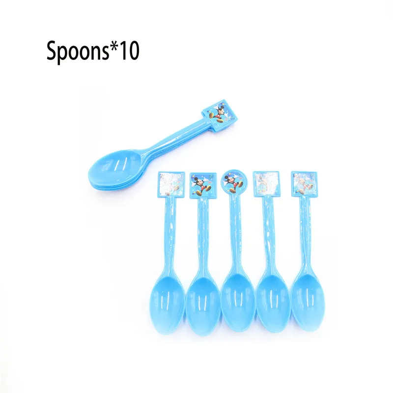 Spoon 10pcs Микки Маус с днем рождения украшения одноразовые столовые приборы чашка тарелка соломенные салфетки мальчик синие вечерние принадлежности детский душ - Цвет: Spoon 10pcs