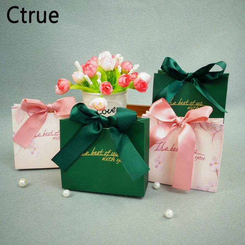 

10pcs pink green Romantic Wedding Candy Box Chocolate paper Boxes with ribbon wedding gifts for guests wedding party supplies