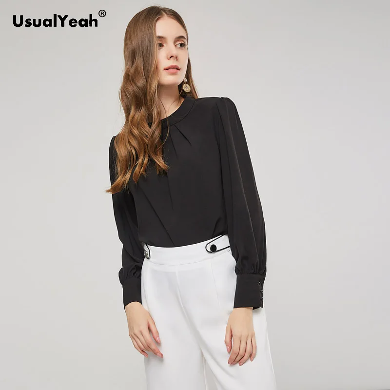 

UsualYeah Black Chiffon Workwear Tops Office Ladies Long Sleeve Stand Collar Pleated Regular Fit Women Autumn Elegant Blouses