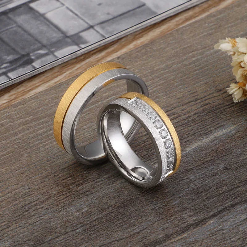 Simple Stainless Steel Alliance Ring Gold&ampSilver Color Couple Cubic Zirconia Wedding Female Male Anniversary Jewelry | Украшения и