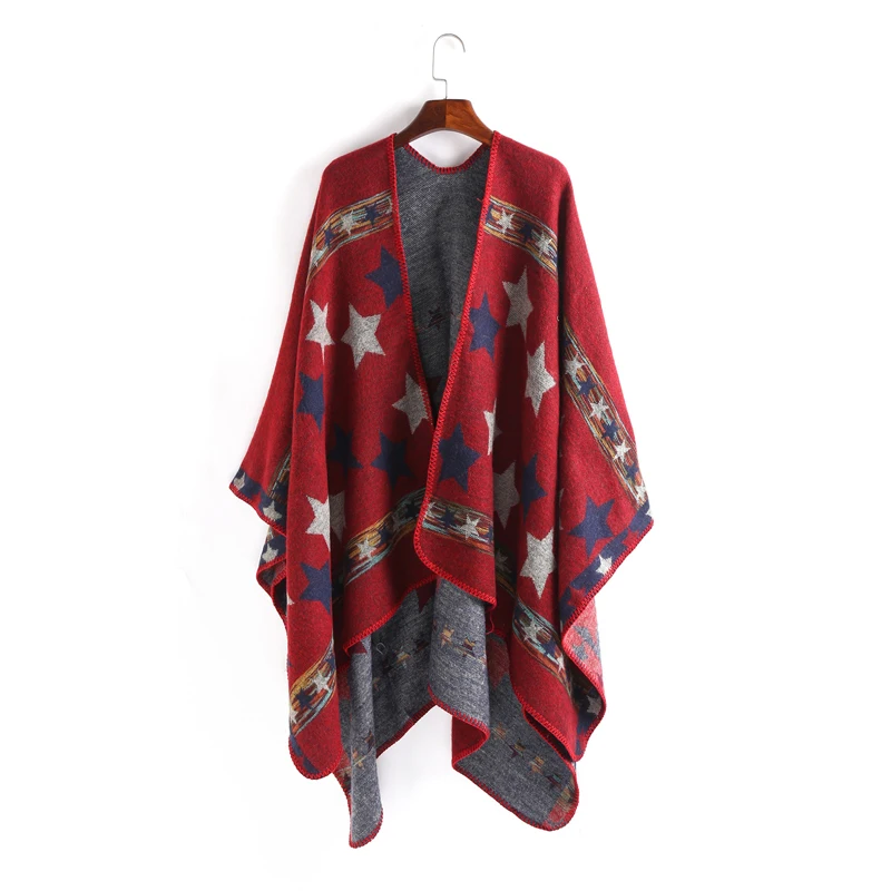 Fashion Women Cardigan New Autumn Multicolor Spelling Color Geometry Scarf Imitate Cashmere Cloak Joker Shawl Loose Coat CK215 |