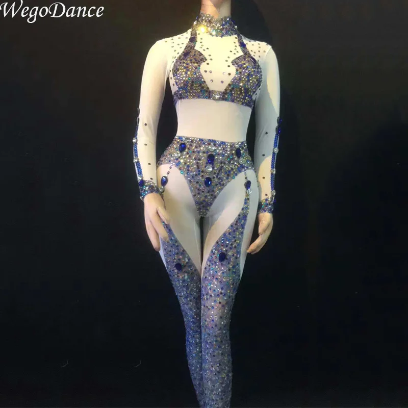 

new Sexy Mesh Multicolor Rhinestones Mesh Jumpsuit Long Sleeve Stretch Leggings Singer Costume Women's Dance Birthday Outfit