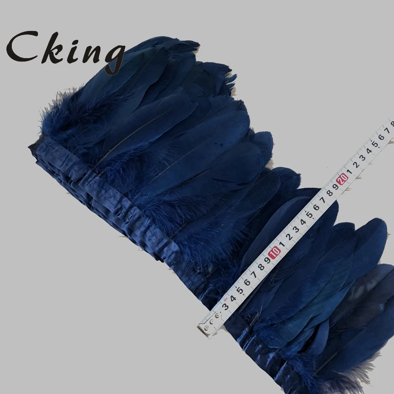 Cintas de plumas de ganso teñidas, cinturón de tela de plumas de ganso con flecos azul marino, bricolaje, decorativo, 15-20cm, 10 yardas/lote