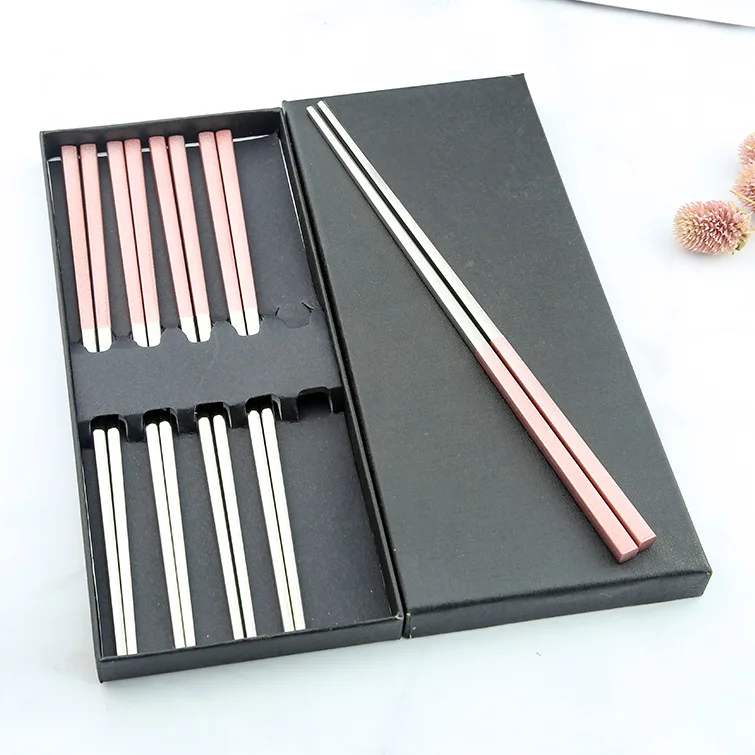 Pink Head Silver 5 пар высококачественные 304 из нержавеющей стали, квадратные Нескользящие палочки для еды с коробкой, корейские палочки для еды, подарочная посуда - Цвет: Pink Head Silver