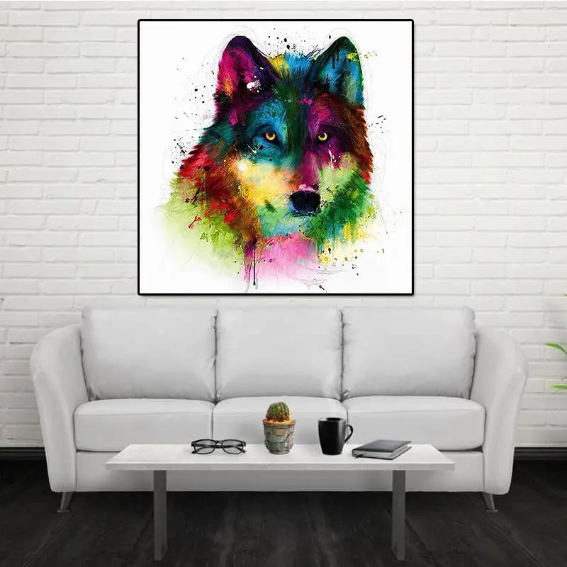 Unframed Modern Abstract Oil Painting Colorful Wolf Head Huge Wall Decor Art On Canvas | Дом и сад
