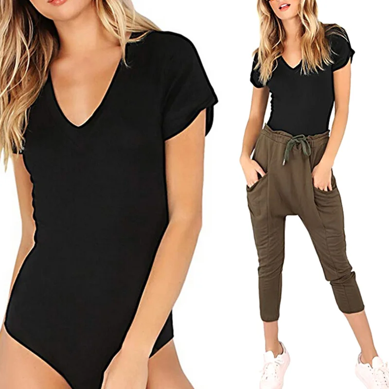 Новинка женский комбинезон джемпер с коротким рукавом v-образный вырез сплошной