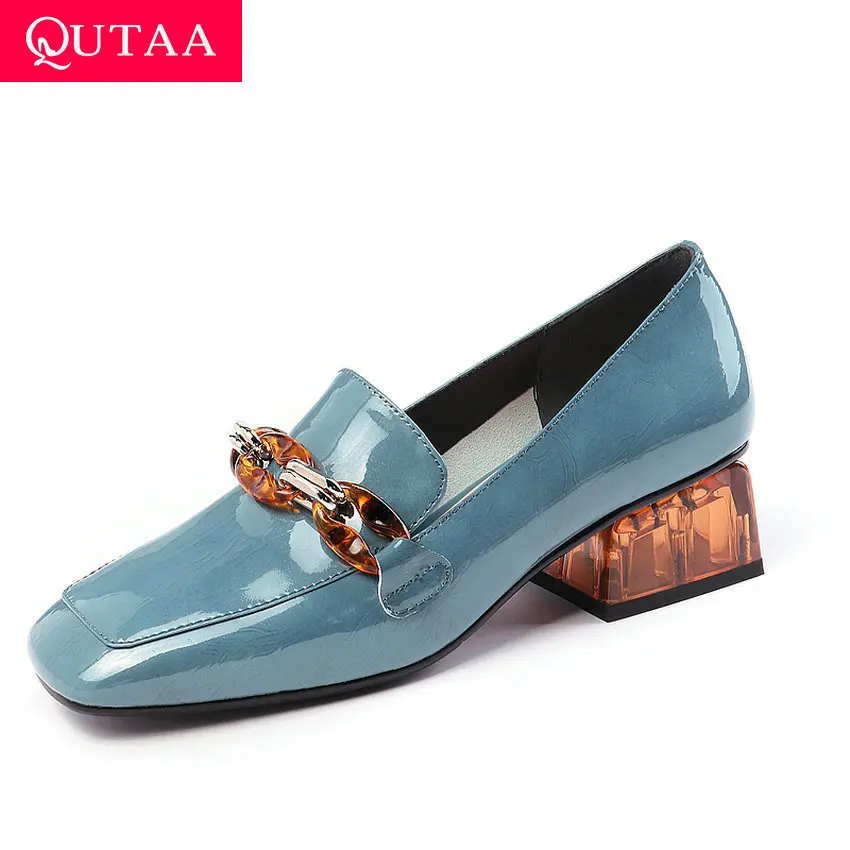 QUTAA/ г. Модные Универсальные женские туфли-лодочки из коровьей кожи с квадратным носком на высоком квадратном каблуке новые осенние женские тонкие туфли без застежки Size34-42