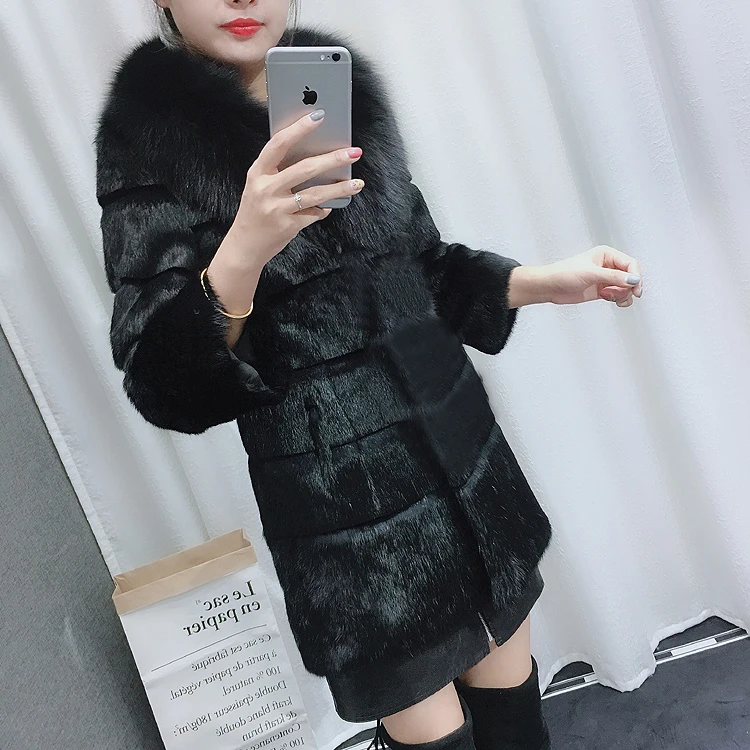 Женское пальто 2019 с меховым воротником из натурального меха Женская куртка