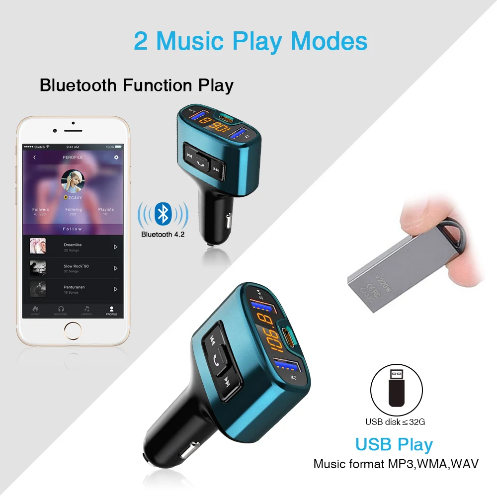 C52S автомобильный беспроводной комплект громкой связи Bluetooth fm-передатчик Автомобильный MP3-плеер тип-c PD 18 Вт Быстрая зарядка Аудио двойной USB Автомобильное зарядное устройство