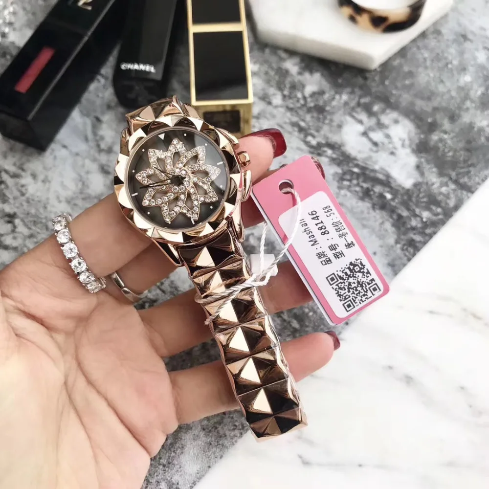 Брендовые модные ротационный кристалл часы с цветочным орнаментом для женщин
