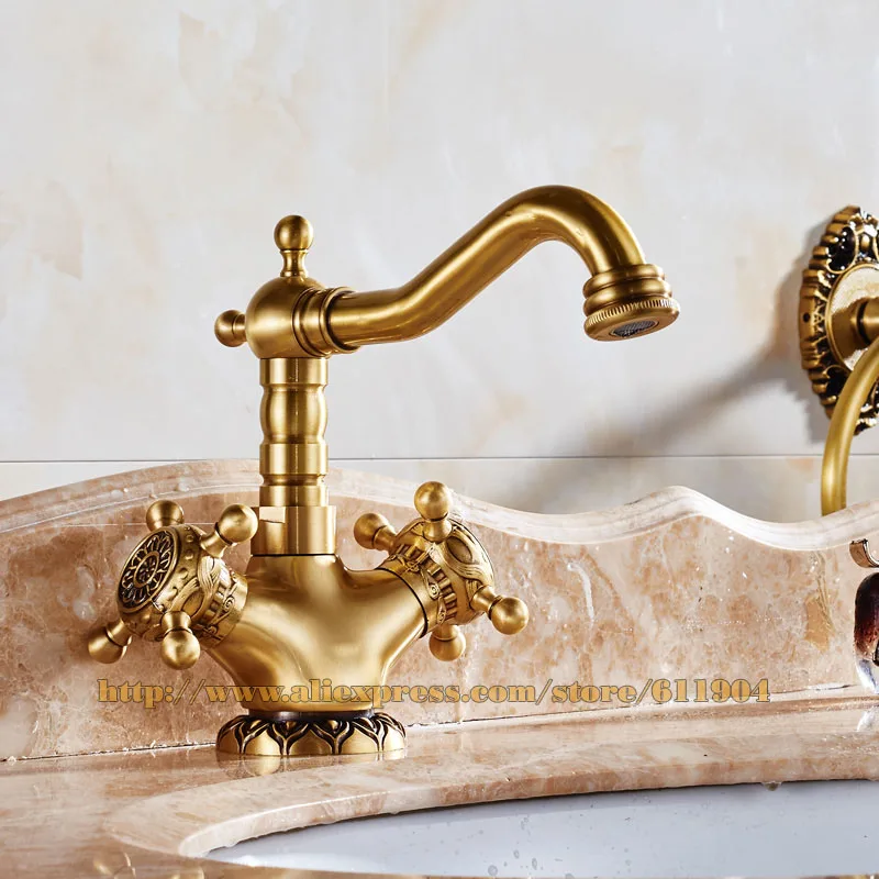 Смеситель с двойной перекрестной ручкой для ванной комнаты античный латунный