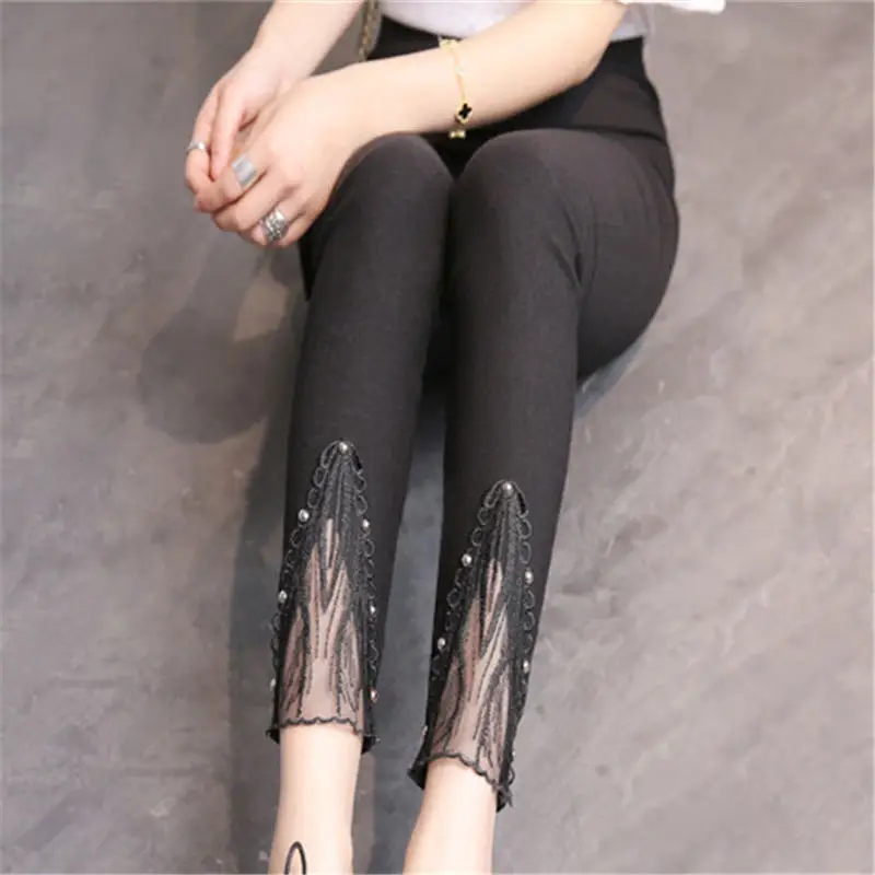 Модные леггинсы середины талии Мотобрюки вискоза Кружево заклепки Разделение