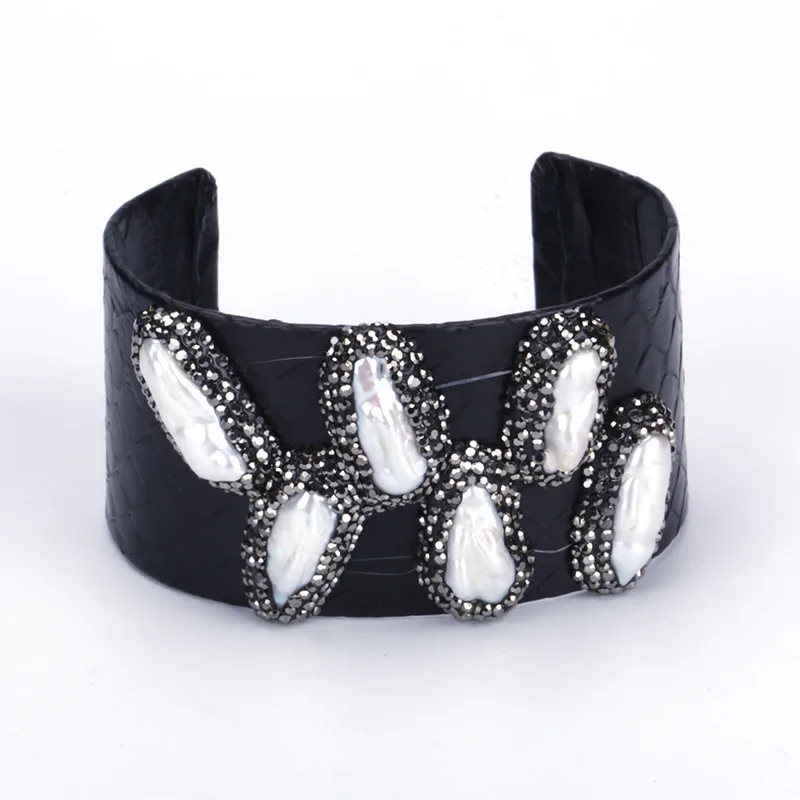 Natural Big Long Freshwater Pearl Beads Charm Pave Rhinestone Black Real Snake Leather Wide Open Bangle Cuff Bracelet for Women