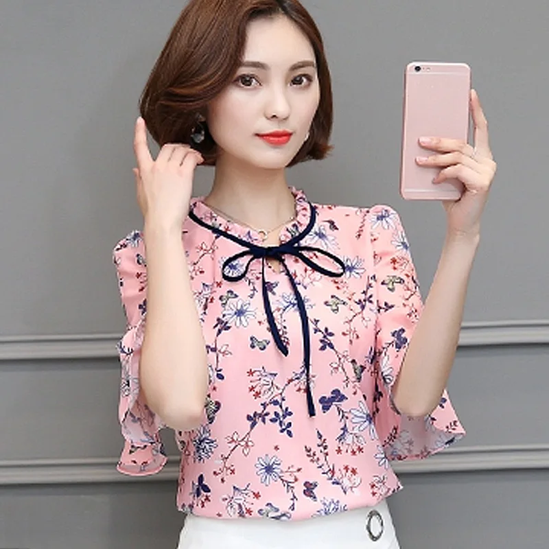

Lady Beautiful Blouse Girls Short-sleeved Chiffon Shirt Round Collar Unlined Upper Garment Horn Sleeve Soft Chiffon Blouse B9661
